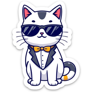 cat wearing cool sunglasses proudly showing off his new tuxedo, stylish, confident pose sticker