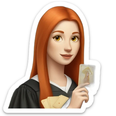 redhead white woman medium long straight hair, celebrating graduation with tarot cards sticker