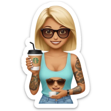 gözlük takan, dövmeli ve elinde kahve tutan, yaz kıyafetli bir kadın sticker