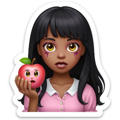 emoji apple light skinned black zombie girl with long black hair and bangs with a light pink blouse  sticker