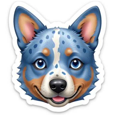 Cinematic Cute Blue Speckle Australian Cattle Dog Portrait Emoji, Head tilted playfully and inquisitively, featuring a vibrant blue speckle Fur with dynamic patterns, round, sparkling blue eyes filled with curiosity, Simplified yet irresistibly adorable features, highly detailed, glowing with a warm, friendly glow, high shine, affectionate and energetic, stylized with a touch of whimsy, bright and endearing, soft glowing outline, capturing the essence of a mischievous yet loving pup, so playful it feels like it could bound out of the screen and into your arms! sticker