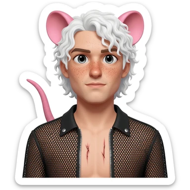 A transgender man has Two light scars along the chest under the nipples . He has rat ears and rat tails. He has freckles. His hair is long white and curly. He dressed in mesh jacket. sticker