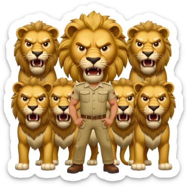 a stand man behind a group of  angry lions sticker