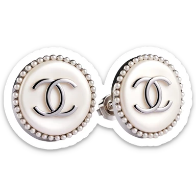 glossy 3D emoji-style white stud earrings with silver Chanel logo and pearl border, elegant sticker