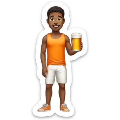 Boy wearing white tank top and orange shorts holding beer tray sticker