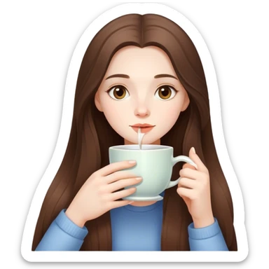  beautiful pale brunette girl with long hair drinking tea from a big cup sticker