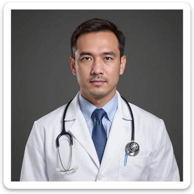 realistic male doctor, serious expression, white coat, stethoscope, neutral background sticker
