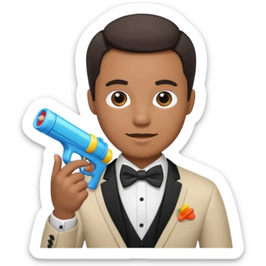Man wearing a bow tie holding a water gun sticker