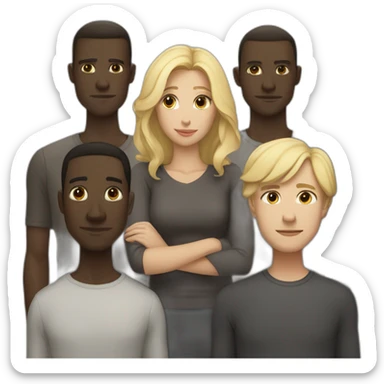 six dark-skinned men stand behind a pale blonde woman sticker