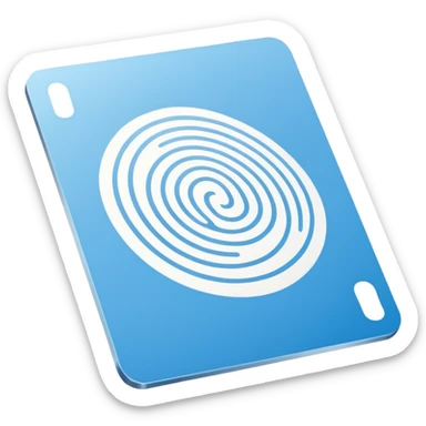Minimalist blue Telegram channel icon of a card back. The card is face down, slightly tilted. A single, elegant fingerprint spiral is centered on the card back, symbolizing identity and unique associations. Monochromatic blue and white. Clean, flat design. sticker