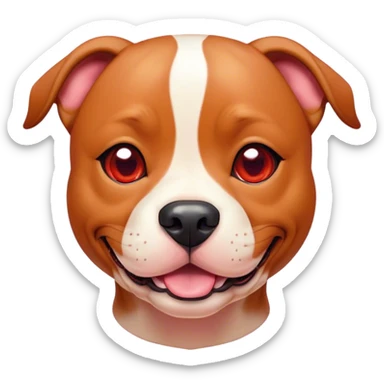 Cinematic Cute Red/Fawn Staffordshire Bull Terrier Portrait Emoji, Head tilted playfully and inquisitively, featuring a glossy red/fawn Fur with a vibrant sheen and delicate white accents, round, sparkling dark eyes filled with curiosity, Simplified yet irresistibly adorable features, highly detailed, glowing with a warm, friendly glow, high shine, affectionate and spirited, stylized with a touch of whimsy, bright and endearing, soft glowing outline, capturing the essence of a mischievous yet loving pup, so playful it feels like it could bound out of the screen and into your arms! sticker