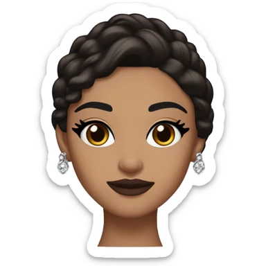 Maddy Perez has warm brown eyes with bold black eyeliner, dark brows, full nude-to-berry lips, bronzed skin, and sharp cheekbones. Her sleek dark brown hair is styled with waves or ponytails, often with rhinestones.

 sticker