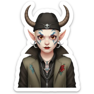 demon with tattoos, hat, jacket and horns sticker