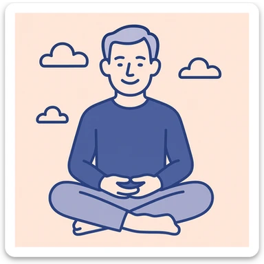 gray haired 50-year old white man peacefully meditating, smiling, back straight, legs crossed, hands in his lap, serene, calm, mindfulness, manifesting, clean modern illustration style sticker