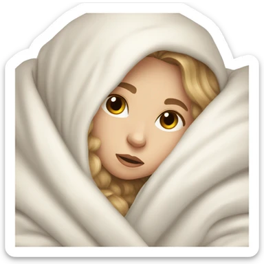 Pale Girl with light brown hair  laying down cozy in a white blanket sticker