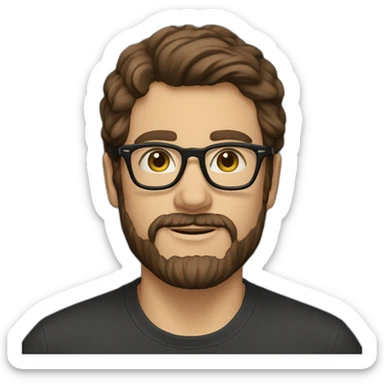 Brown hair with Persol glasses, 3-day beard, black t-shirt sticker