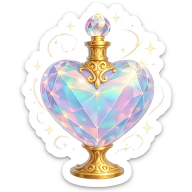 crystal luxurious elixir bottle in heart shape, pastel gradient, lots of glowing shine, facets, ornaments, golden details, magical effects, very small golden neck, transparent background, beautiful connected base, clearly floating in air, no base or shadow, premium class, matching collection sticker