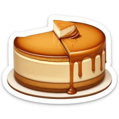 a slice of cheesecake. The base is made of light brown biscuit; the first layer of filling is caramelized dulce de leche, and the upper layer is creamy, light beige, and has a smooth texture. On top, there is a caramelized dulce de leche topping dripping down the center of the slice sticker