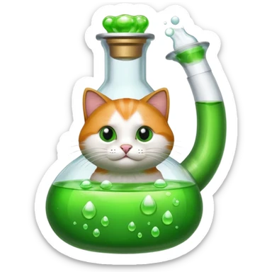 Sleek cat wearing a white coat, paw on a bubbling flask. sticker