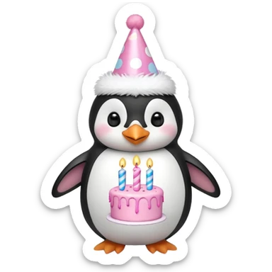 cute penguin with birthday hat hold a birthday pink cake in arms sticker