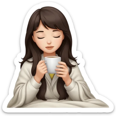 Dark brown wavy hair with straight bang girl inside a white blanket sipping coffee eyes closed sticker