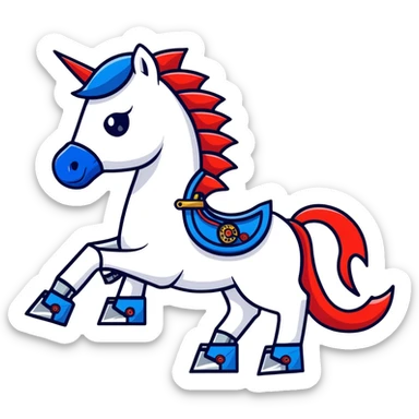 fast electric horse made of electricity, metal plates, bolts, visible blue and red wires, lightning coursing through its body, robotic appearance sticker