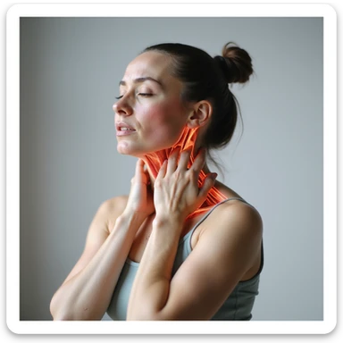 realistic anatomical standing woman with tense neck muscles and cervical contractures, expression of discomfort, neutral background sticker
