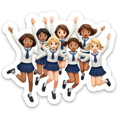 six girls in school uniforms jumping together sticker