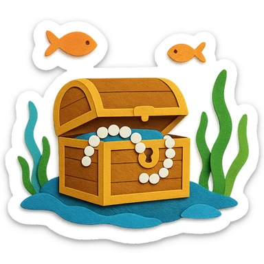 treasure chest underwater with pearls, seaweed, and fish, layered paper effect in paper-craft style sticker