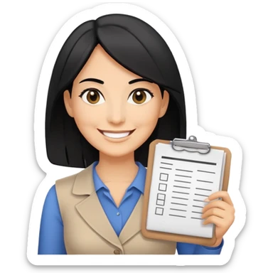 A smiling female middle-aged warehouse manager with black eyes and shoulder length black hair, holding an inventory list，without background sticker