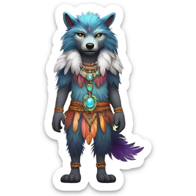 Fluffy Colorful Shy Spiritual Shamanic WereWolf With Shiny Tribal Markings wearing feathers Full Body sticker