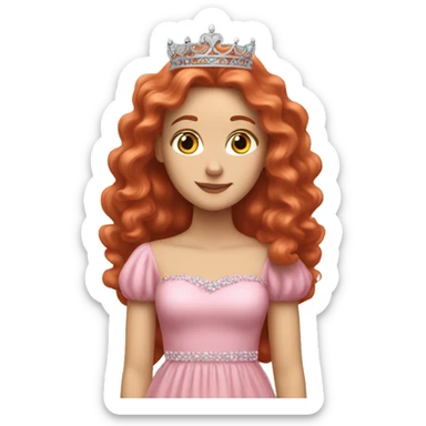 a white girl with long curly red hair with a pink dress and a tiara sticker