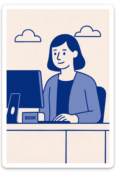 teacher at desk working in front of computer, clean modern illustration sticker