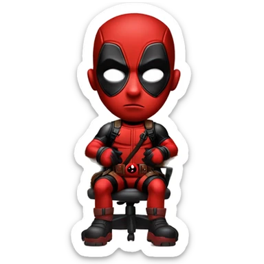 Cute Deadpool sitting at a desk, front view sticker