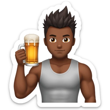 muscled guy in yoga pose, slightly dark skin, spiky dark hair, holding beer sticker