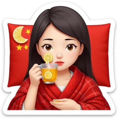 cute and sexy chinese girl, feeling sick up, nose and cheecks red by blush, covered by blanket, drinking tea with lemon sticker