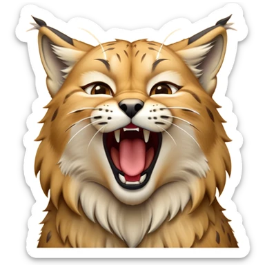 Cinematic-detailed-Yawning-Lynx-Portrait-Emoji – Head tilted slightly with a dramatic, wide-open yawn, revealing a sleek golden-brown fur coat with subtle spots, signature black ear tufts standing tall, round amber eyes barely open in drowsy contentment zoomed out to show the shoulders sticker