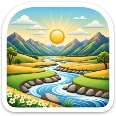 new zealand summer valley with a river and sunshine sticker