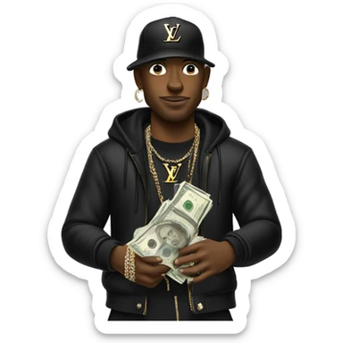 Rapper in black louis vuitton flexing money sticker