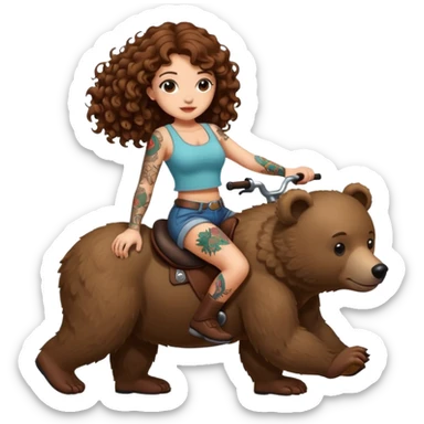 cute woman long curly brown hair tattoos riding bear sticker