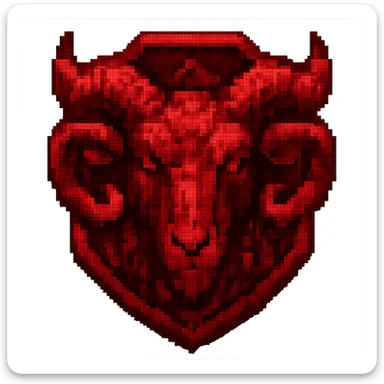 Edit the image to make the badge red and add a ram in pixel art style. Remove the background. The style should be pixel art with pixelated details and colors. sticker