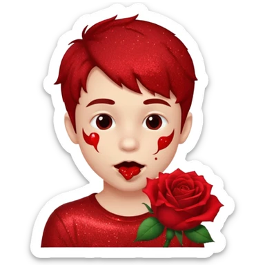 red glitter naughty-looking boy biting a rose in his mouth sticker