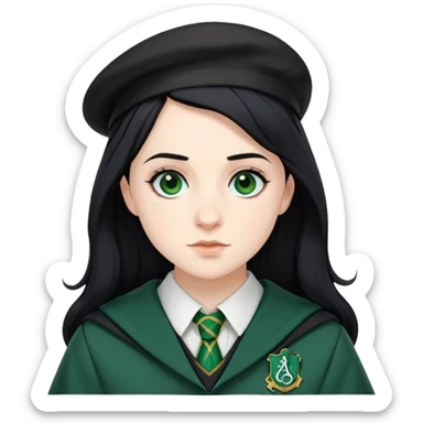 Pansy Parkinson in harry potter, wear hogwarts slytherin uniform, black hair, not wearing hat sticker