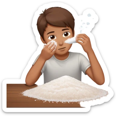 a brown hair boy smelling a pile of salt on a table sticker
