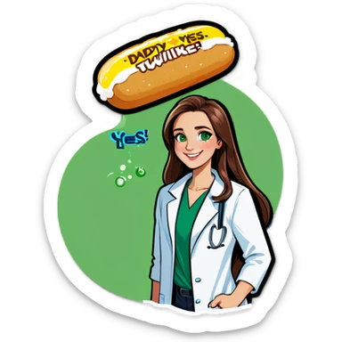 Long brown hair, green eyes, beautiful Scientist with Twinkie cream on her face wearing a lab coat smiling and her T-shirt says daddy yes sticker