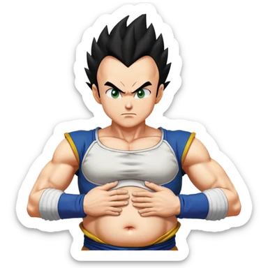 Pregnant Vegeta from Dragon Ball Z facing left with hands on his large belly, spiky black hair, serious expression sticker