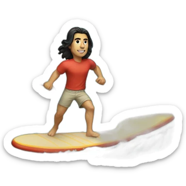 guy with long black hair in short and t-shirt surfing a wave textured like a pizza sticker