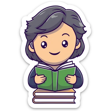 smiling English teacher with airtouch hair and grey-green eyes holding a stack of books and papers sticker