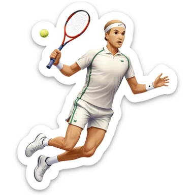 Cinematic Realistic portrait of Goran Ivanišević, depicted as an iconic tennis player in dynamic motion with detailed athletic gear and intense focus, illuminated by bold stadium lighting that accentuates his competitive spirit. sticker
