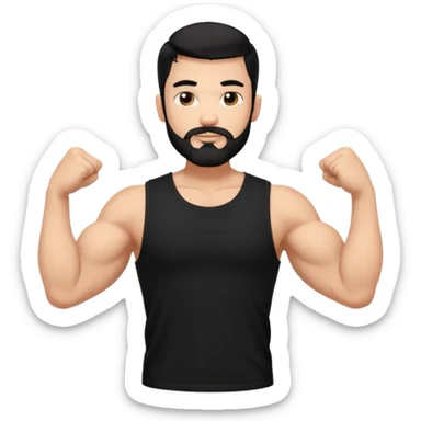 generate an ios genmoji of a fair guy with black wearing a sleevless black tshirt with big biceps and a goatee style beard sticker